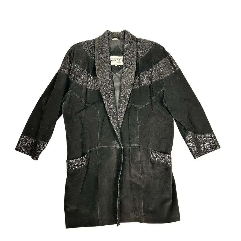 Vintage 80s Avanti Black Pig Suede Jacket Coat Shawl Collar Pebbled Sz L